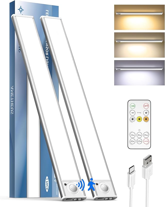 2Pack 16inch Under Cabinet Lighting, Rechargeable Motion Sensor Light Wireless Indoor, Dimmable 3 Color Temps Closet Lights with Remote, Under Counter LED Lights for Kitchen, Stairs