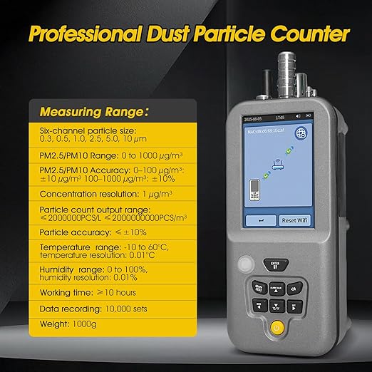 Professional Particle Counter, High Sensitivity 6-Channel PM0.3/0.5/1.0/2.5/5.0/10µm Air Pollution Monitor with Tuya APP w/Temp & Humidity USB Data Export to PC for Cleanrooms, Laboratories(RS-485)