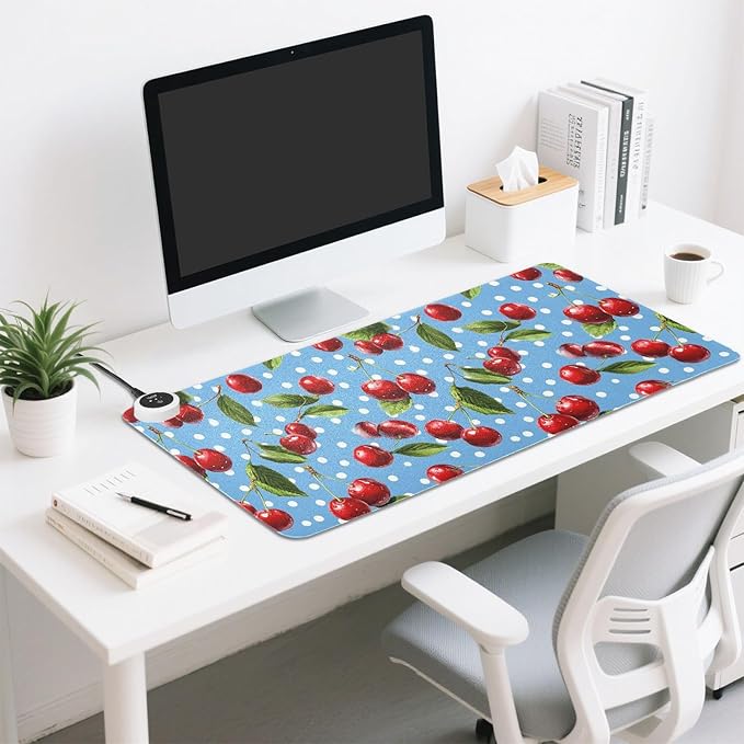Heated Desk Pad Mouse Pad 31.5x13 Inch PU Leather Desk Mat with 3 Heat Levels Large Mouse Gaming Computer Laptop Mat Blue Dots Red Cherry