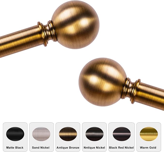 Curtain Rods for Windows 18 to 121 inches, 1 Inch Modern Metal Drapery Rods, Adjustable Heavy Duty Curtain Pole with Round Finials(18"-121"Antique Brass)