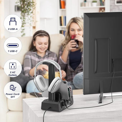 KDD Charging Station with 6 Charging Cables - Fast Charging 6 in 1 Cellphone Charging Dock with Headphone Stand and Watch Holder - 2 AC&USB A&USB C, Storage Station for Smartphone,Tablets, AppleWatch