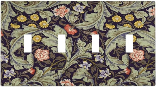Boho William Morris Floral Green Leaves Flower Light Switch Covers Quad Toggle Electrical Faceplate 4 Gang Wall Plate Decorative Switch Plates Cover for Farmhouse Home Decor