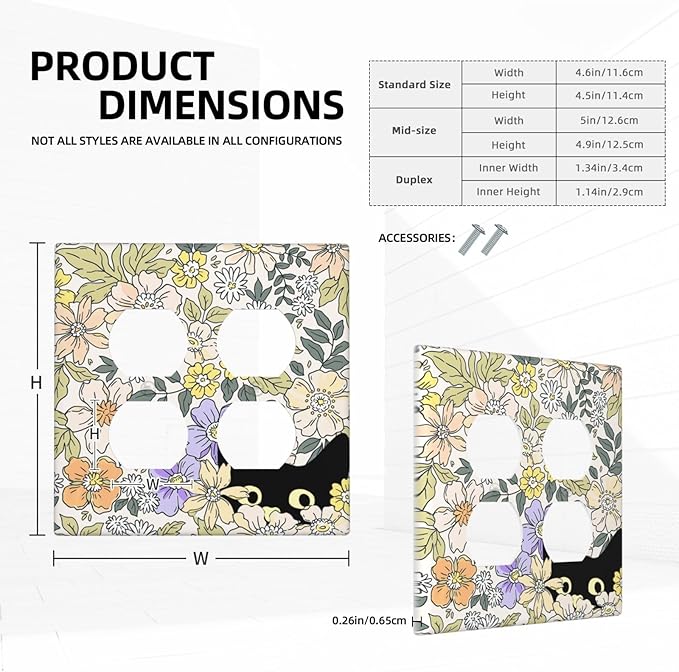 Decorative Outlet Covers Cute Black Cat in a Flower Patch Botanical Garden 2 Gang Wall Plate Double Duplex Receptacle Light Switch Covers Switch Plate Cover for Bedroom Home Decor