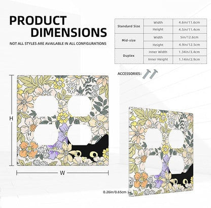 Decorative Outlet Covers Cute Black Cat in a Flower Patch Botanical Garden 2 Gang Wall Plate Double Duplex Receptacle Light Switch Covers Switch Plate Cover for Bedroom Home Decor
