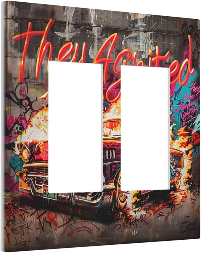 Decorative Outlet Covers Hip Hop Street Graffiti Flame Car 2 Gang Double GFCI Rocker Electrical Wall Panels Light Switch Cover Plate for Bedroom living Room Decor