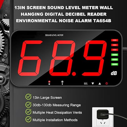 Decibel Meter Sound Alarm Wall Hanging Noise 30-130db Reader Digital Large LCD Display Mounted Temperature Humidity Measuring Level Db Tester TA654B