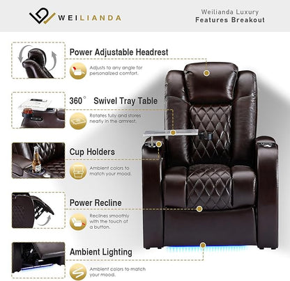 Weilianda Home Theater Seating Top Grain Leather Zero Gravity Recliner Chair Power Headrest Recline Movie Seat Gaming 7 Colors Mood Light Sofa with Tray Table USB Charge Row of 2 Loveseat Brown