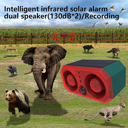 Solar Outdoor Motion Detector Sensor Alarm, Personalize Recording Siren & Strobe Lights, 2 * 130db Dual-Specker, builtin 13 Sounds Modes Bluff & Intimidate Warning with Remote Controller (1)