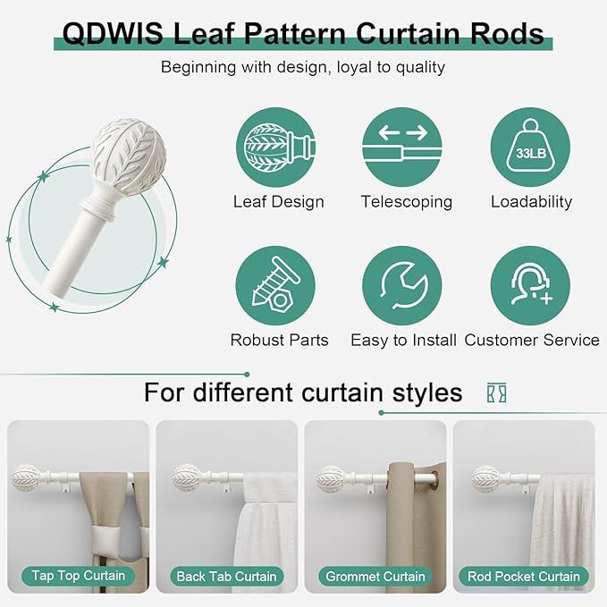 2 Pack Antique White Curtain Rods for Windows 48 to 84 inch,1" Adjustable Heavy Duty Window Curtain Rod with Leaf Finials,Rustic Decorative Drapery Rods Set,Size:36-88''