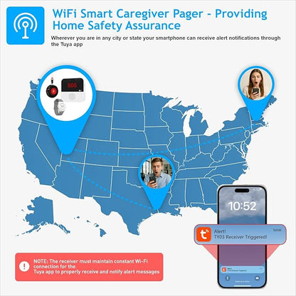 WiFi Smart Wireless Caregiver Pager Call Button Emergency Alert System Life Alert Button for Elderly Patient Seniors Disabled 3 SOS Panic Button 1 Receiver(Only Supports 2.4GHz & No Monthly Fee)