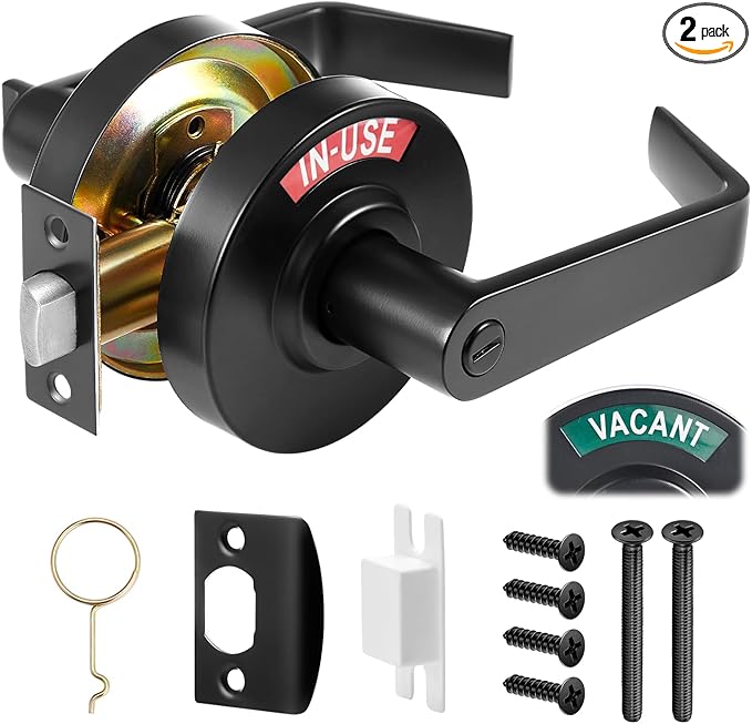 Tandefio 2 Set Vacant Occupied Bathroom Lock, Commercial Door Handle with in-use or Vacancy Occupied Deadbolt, Privacy Indicator Restroom Handle Lock for Restrooms, Satin Chrome (90 mm,Black)
