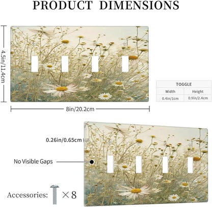 White Wildflowers Daisy Vintage Floral Light Switch Covers Quad Toggle Electrical Faceplate 4 Gang Wall Plate Decorative Switch Plates for Bed Room Living Room Decor