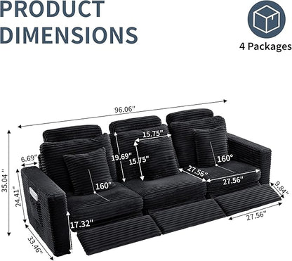LEVNARY 3-Seater Modular Reclining Sofa, Faux Rabbit Fur Power Recliner Couch with 3 Electric Seats, 3 Pillows & Side Pockets, Adjustable Back & Footrest, Living Room Furniture (Black)