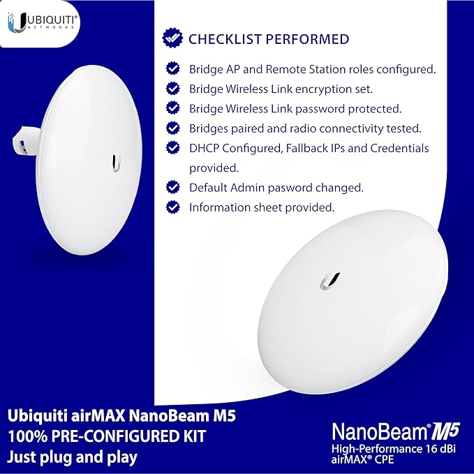 Tavora Wireless Bridge NBE-M5-16 Pre-Configured Bundle of 2, Point to Point Wi-Fi Bridge Outdoor, Plug and Play 150+ Mbps, 5 GHz, 15+ km Link Range