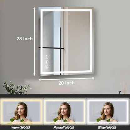 ROOMTEC LED Bathroom Mirror 28 x 20 Inches with Front and Backlit,Anti-Fog,3 Colors and Dimmable Light(Horizontal/Vertical)