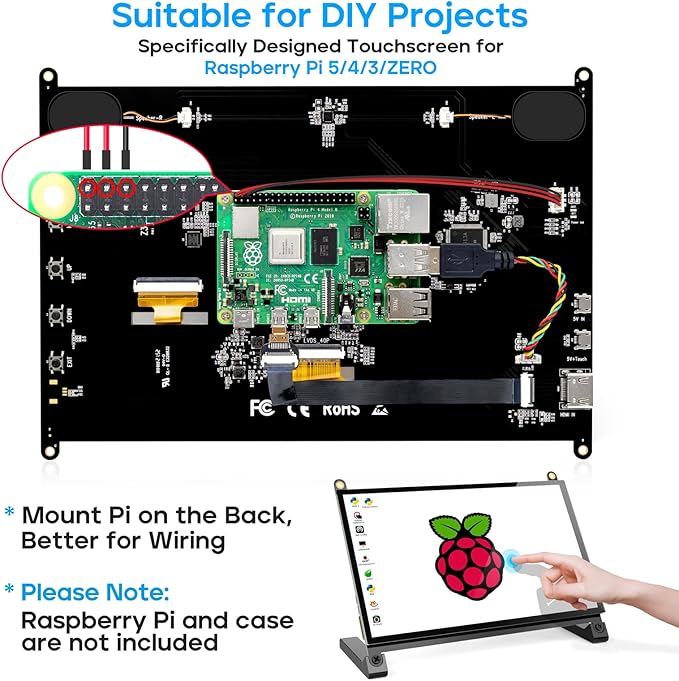 ROADOM Raspberry Pi Screen, 10.1’’ Touchscreen Monitor, IPS FHD 1024×600,Responsive and Smooth Touch,Dual Built-in Speakers,HDMI Input,Compatible with Raspberry Pi 5/4/3/Zero,Easy Assembly,Driver Free