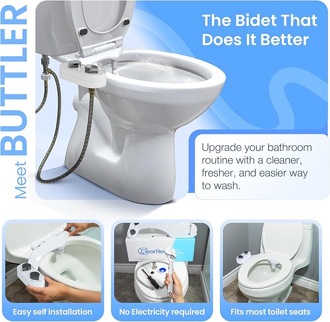 CLEAR REAR Bidet Attachment for Toilet Seat - Non-Electric, Self-Cleaning Dual Nozzle, Adjustable Water Pressure, Rear & Feminine Wash, Toilet Bidet Hygienic Bathroom Upgrade (White)