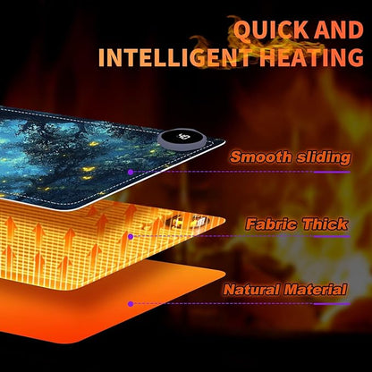 Heated Mouse Pad 31.5x13 in 3-Temp Fast Heating Desk Mat with Auto Timer Warmer for Hands Wrist Pain Relief Waterproof Keyboard Mat for Office, Gaming, Home, Enchanted Forest Glow