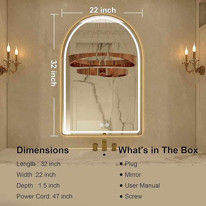 Arched LED Bathroom Mirror, 22"x32" Gold Aluminum Frame Bathroom Mirror with Lights, Lighted Vanity Mirror for Wall, Anti-Fog, Stepless Dimmable, 3 Color Temperature Vanity Mirror