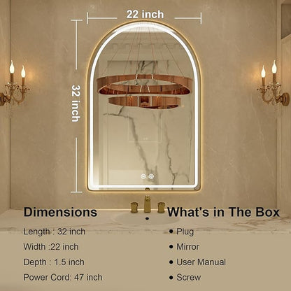 Arched LED Bathroom Mirror, 22"x32" Gold Aluminum Frame Bathroom Mirror with Lights, Lighted Vanity Mirror for Wall, Anti-Fog, Stepless Dimmable, 3 Color Temperature Vanity Mirror