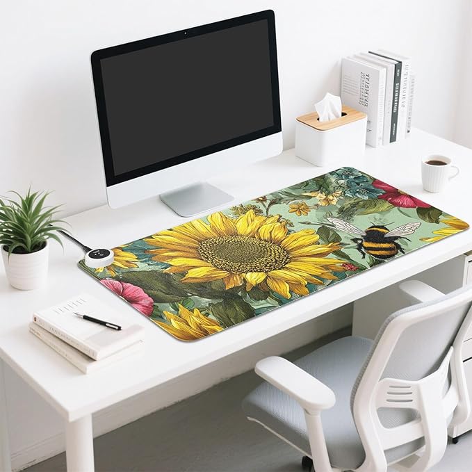 Heated Desk Pad Mouse Pad 31.5x13 Inch PU Leather Desk Mat with 3 Heat Levels Large Mouse Gaming Computer Laptop Mat Bees Sunflowers Leaves Green