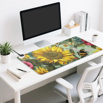 Heated Desk Pad Mouse Pad 31.5x13 Inch PU Leather Desk Mat with 3 Heat Levels Large Mouse Gaming Computer Laptop Mat Bees Sunflowers Leaves Green