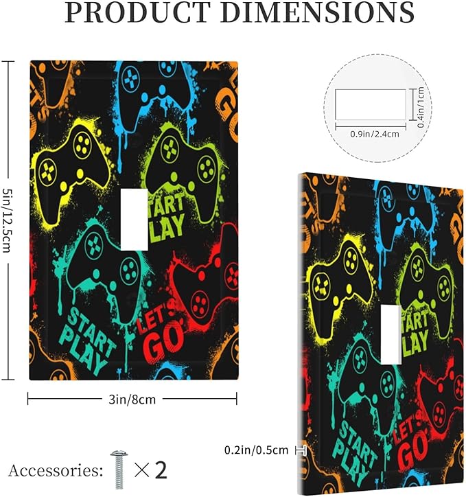 Decorative Light Switch Plate Covers Gamepad Theme Graffiti 1 Gang Light Switch Cover Plate Single Toggle Wall Plate Outlet Covers Faceplate for Game Room Bedroom Decor （2 Pack）