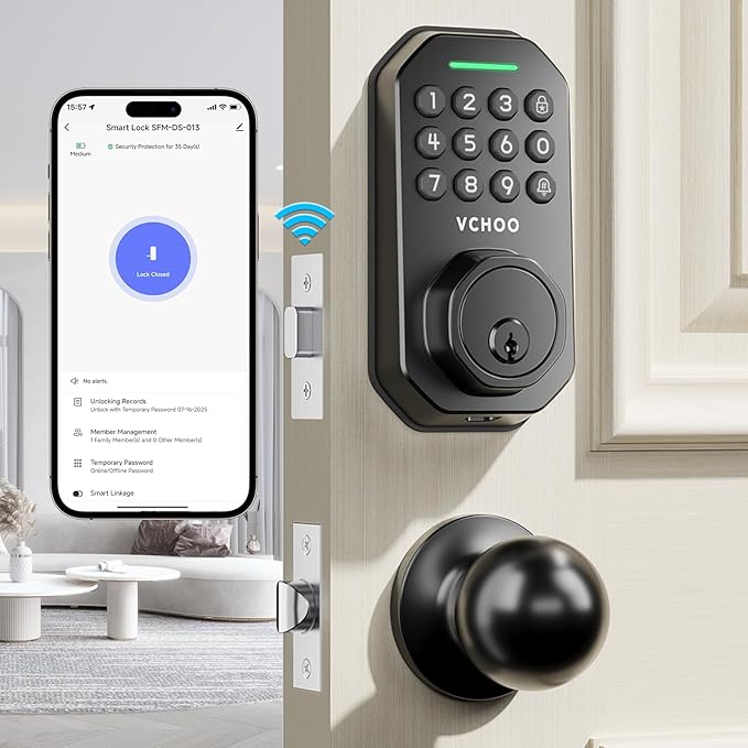 Keyless Entry Door Lock with 2 Knobs App Control Smart Locks for Front Door WiFi Door Lock Set Automatic Lock One Time Password Anti Peeping Password IP54, Black