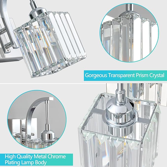 Crystal Vanity Lights 3-Light Chrome Bathroom Vanity Lights Modern Crystal Bathroom Light Fixtures Over Mirror 23.62" Long Vanity Light for Bathroom