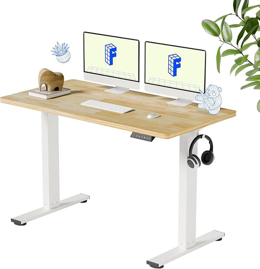 FLEXISPOT EN1 One-Piece Solid Wooden Standing Desk 48 x 24 Inches Height Adjustable Electric Sit Stand Home Office Desks (White Frame + Rubber Wood Top, 2 Packages)