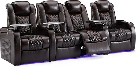 Weilianda Home Theater Seating Top Grain Leather Zero Gravity Recliner Chair Power Headrest Recline Movie Seat Gaming 7 Colors Mood Light Sofa with Tray Table USB Charge Row of 4 Loveseat Middle Brown