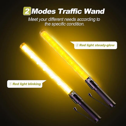RoadHero 21 Inch Traffic Wand, Yellow LED Traffic Control Baton with 2 Flashing Modes, Night Safety Light Wand with Side Clip for Airport, Parking, Car Directing