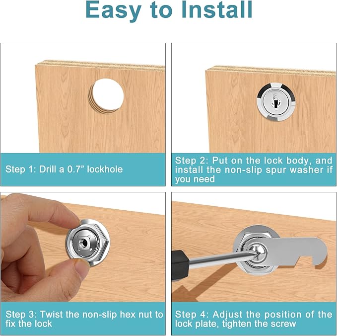 Cam Locks Cabinet Locks Keyed Alike, 1-1/8'' (Length) Cylinder Fits on 7/8'' Max Panel Thickness, Secure Files Drawers Mailbox RV Storage Locks Replacement Set, Zinc Alloy (1-1/8 Inch 6Pcs)