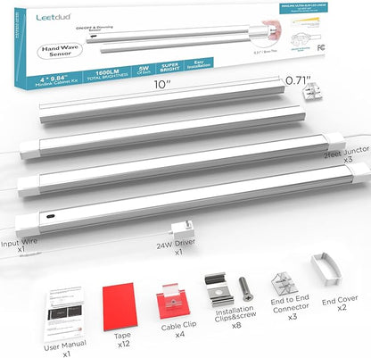 Hand Wave Under Cabinet LED Lighting Plug in, 10 Inch 4-Pcs Dimmable Linkable Ultra Thin Aluminum Alloy Housing, 4000K Natural White Motion Sensor Counter Lights for Kitchen, Shelf, Cupboard