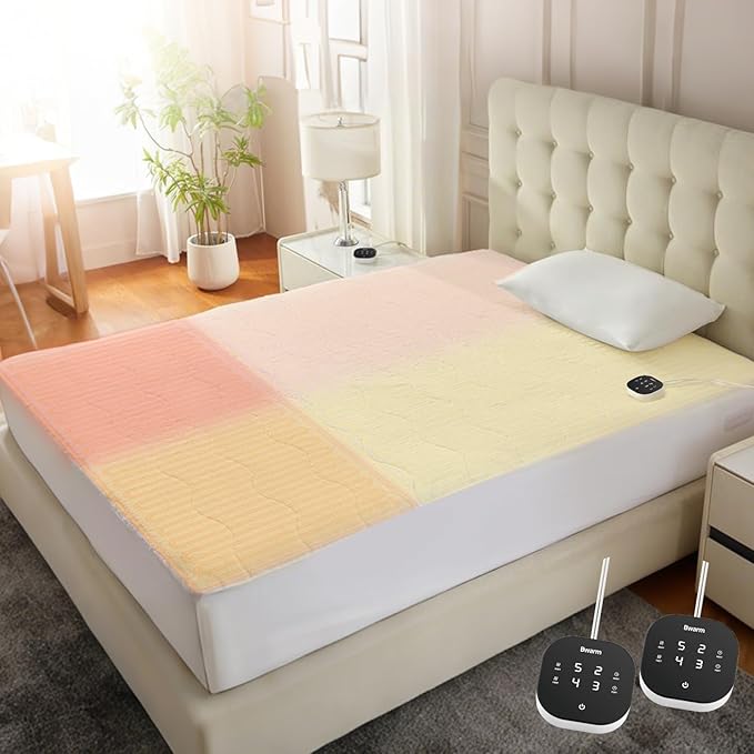 Bwarm Multizone Heated Mattress Pad King, Electric Mattress Pad Sherpa Fleece Bed Warmer with 9 Heat Settings, 1-12 Hours Auto Off Deep Pocket, Machine Washable, Wave White King 78" x 80"