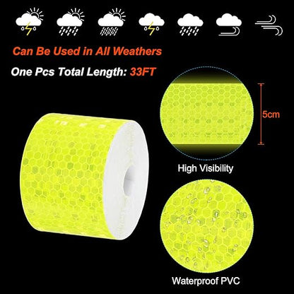 PATIKIL 2 Inch x 33 ft Reflective Tape, 1 Roll Waterproof Self Adhesive High Visibility Caution Warning Safety Tape Reflector with Scraper for Trucks Trailers Cars, Bright Yellow