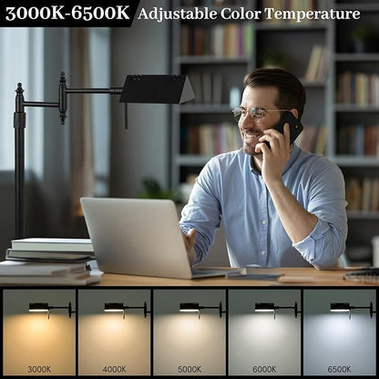 Dimmable Pharmacy Floor Lamp with Remote, 15W LED Reading Floor Lamp with 360°Swing Arm, 3 Color Temperature, Height Adjustable Black Standing Task Lamp for Living Room, Bedroom, Black