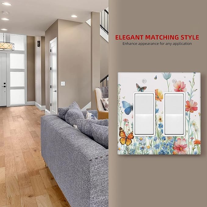 Decorative Outlet Covers Rustic Wildflower Blue Pink Floral Butterfly 2 Gang Light Switch Cover Plate Double Rocker Wall Plates for Electrical Outlets Switch Plate Covers for Home Decor