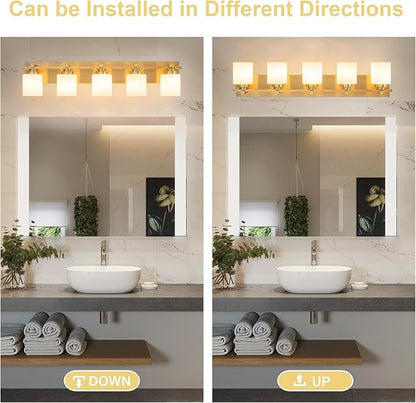 5 Light Modern Bathroom Light Fixtures Over Mirror, Brass Finish Vanity Lights for Bathroom Wall Sconces with Milky White Glass Shades, E26 Socket (Bulbs Not Included)