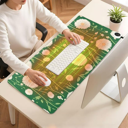 Heated Desk Pad Mouse Pad 31.5x13 Inch PU Leather Desk Mat with 3 Heat Levels Large Mouse Gaming Computer Laptop Mat Green Dandelion and Daisy