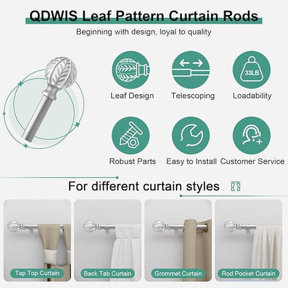 Silver Curtain Rods for Windows 72 to 144 inch,1" Adjustable Heavy Duty Window Curtain Rod Leaf Finials,Rustic Decorative Drapery Rods Set,Size:36-150''