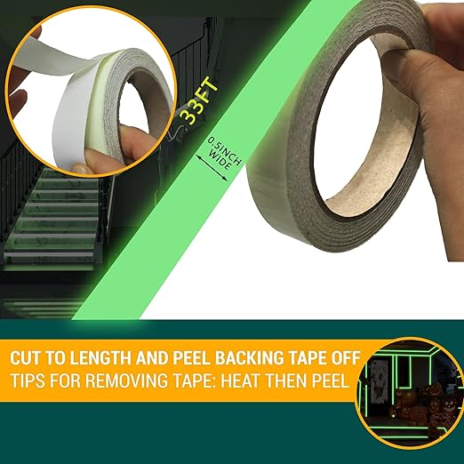 SWRT Glow in The Dark Tape 33FT x 0.5Inch, Long-Lasting Bright Fluorescent Glow Tape for Christmas Dector, Strong Adhesive Waterproof Glow in The Dark Stickers for Night Decorations, Stairs,Exit Sign