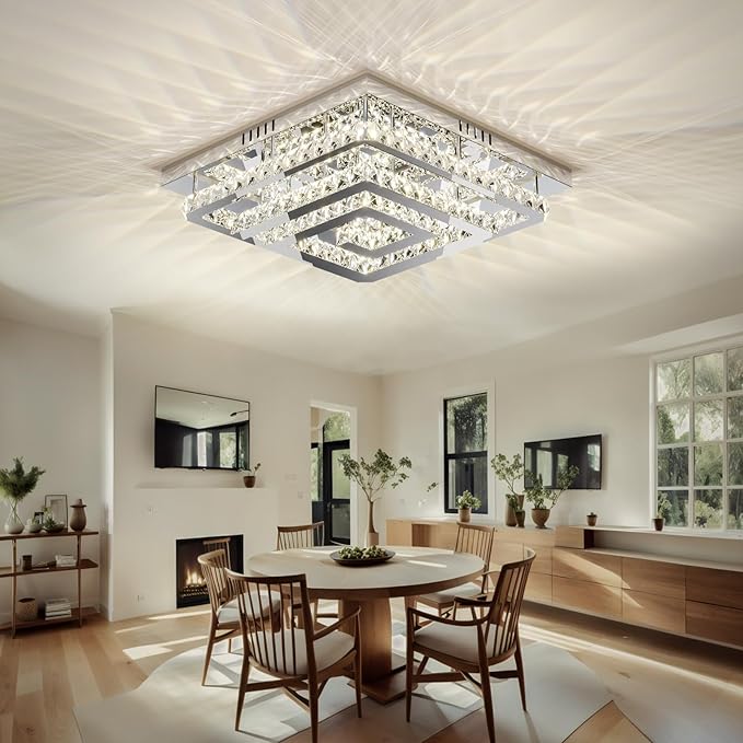 34" Modern Crystal Chandelier with Remote/App Control, Dimmable Flush Mount Ceiling Light Fixture, 3-Color Temperature, Led Ceiling Lamp for Living Room Bedroom Kitchen Dining Room Entryway