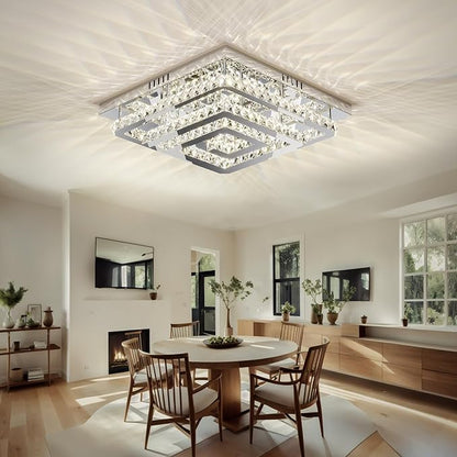 34" Modern Crystal Chandelier with Remote/App Control, Dimmable Flush Mount Ceiling Light Fixture, 3-Color Temperature, Led Ceiling Lamp for Living Room Bedroom Kitchen Dining Room Entryway