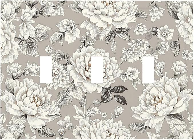 White Poppies Floral Modern Grey Peonies Flowers Decorative Switch Plates 3 Gang Wall Plate Triple Toggle Light Switch Cover Electrical Wall Panels Faceplate for Bedroom Bathroom Decor