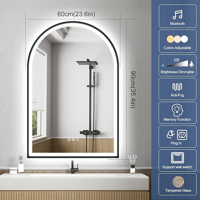 STARLEAD 36"x24" LED-Bathroom-Mirror-with-Lights, Wall-Mounted with Bluetooth, Anti-Fog, 3 Color Temperature Dimmable Brightness, Waterproof, Tempered Glass, Frontlit & Backlit, Black Frameless Arched