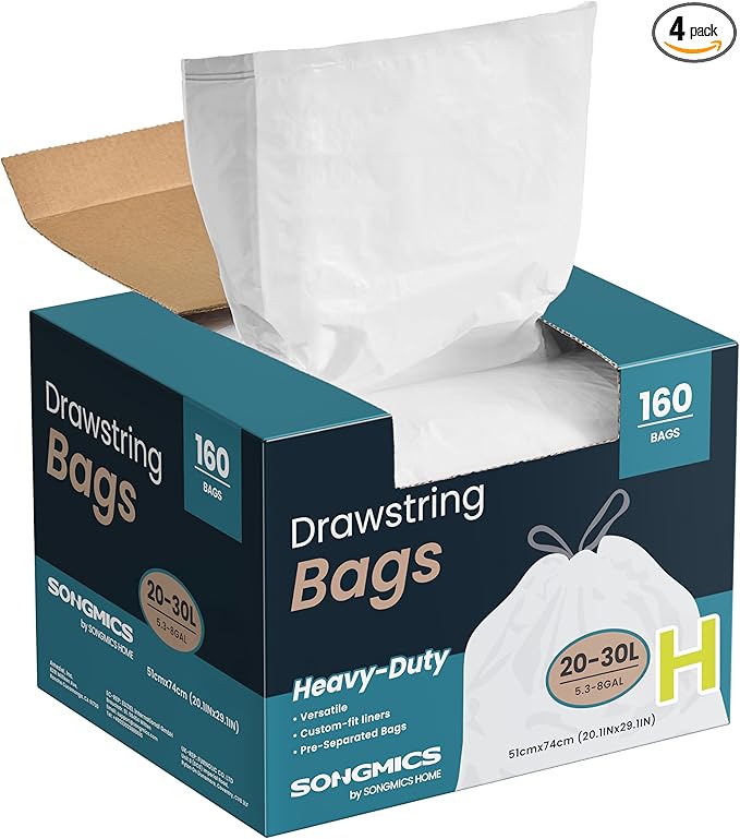 SONGMICS Trash Bags for 8-Gallon (30 L) Trash Cans, Drawstring Kitchen Garbage Bags, Pre-Separated, Quick-Dispense Box, Liner Code H, 4 Rolls, 160 Count, White UKRB031A04