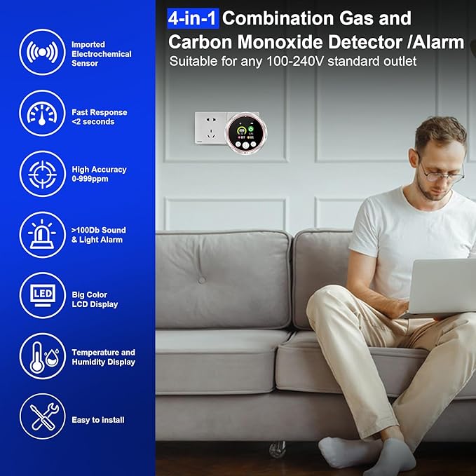 4 in 1 Carbon Monoxide Detectors Plug in, Real-Time Monitor CO & Gas Leak Detector with Temp/Humidity Display, Portable Carbon Monoxide (CO) Alarm Natural Gas Detector for Home, RV Camping Essentials