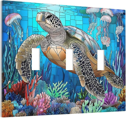 Decorative Switch Plates Nautical Sea Turtle Coral Jellyfish 3 Gang Wall Plate Triple Toggle Light Switch Cover Faceplate Electrical Wall Panels For Kids Room Nursery Decor