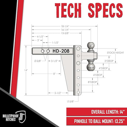 BulletProof Hitches - 2.0" Adjustable Heavy Duty Trailer Hitch (22,000 lb. Rating) - 8" Drop/Rise Trailer Hitch with 2" & 2-5/16" Dual Ball - Powder Coat, Solid Steel, Corrosion-Resistant